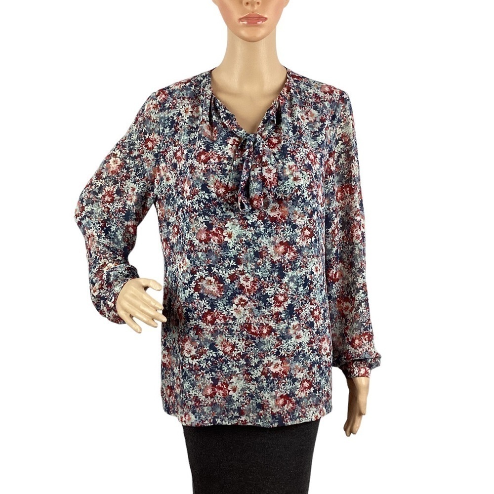 Pendleton Blouse Size 10 Blue Red Floral Tie Neck